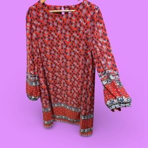 Cute red boho floral paisley flowy shift dress Loft breezy long sleeve midi